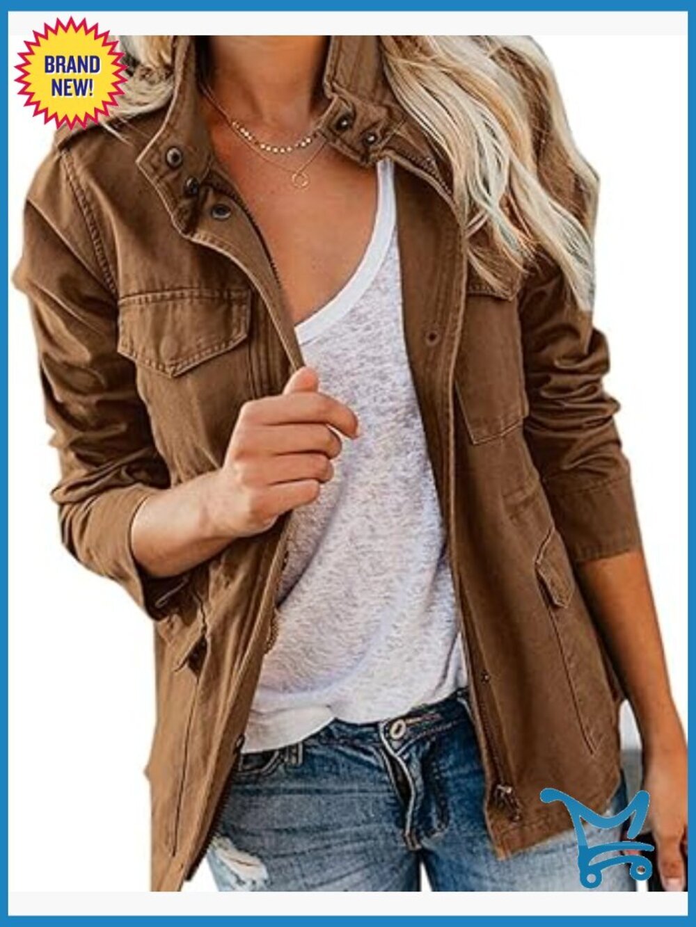 Women Military Anorak Jacket Zip Up Snap Button Parka Utility Coat Pocket